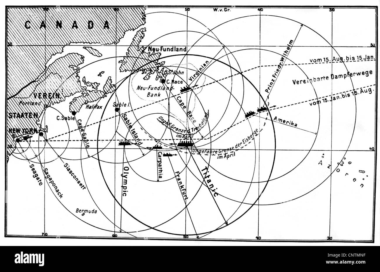 Transport / transport, navigation, catastrophes, naufrage du 'Titanic', 14./15.4.1912, gammes de navires et stations de radio à proximité, carte, droits additionnels-Clearences-non disponible Banque D'Images