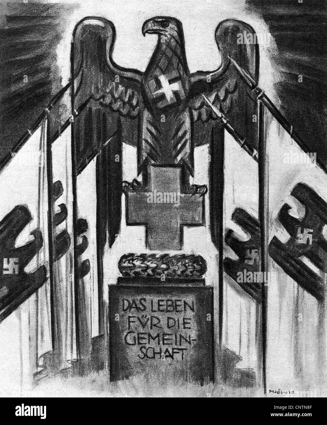 National-socialisme / nazisme, propagande, illustration, signe de la Croix-Rouge avec l'aigle nazi et les drapeaux de la croix gammée, devise 'la vie pour la communauté', dessin par Mjoelnir, 1939, droits additionnels-Clearences-non disponible Banque D'Images