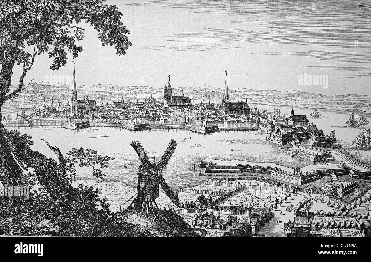 Ville de Stralsund pendant la Guerre de Trente Ans, Mecklembourg-Poméranie-Occidentale, Allemagne, historique de la gravure sur bois, ca. 1880 Banque D'Images