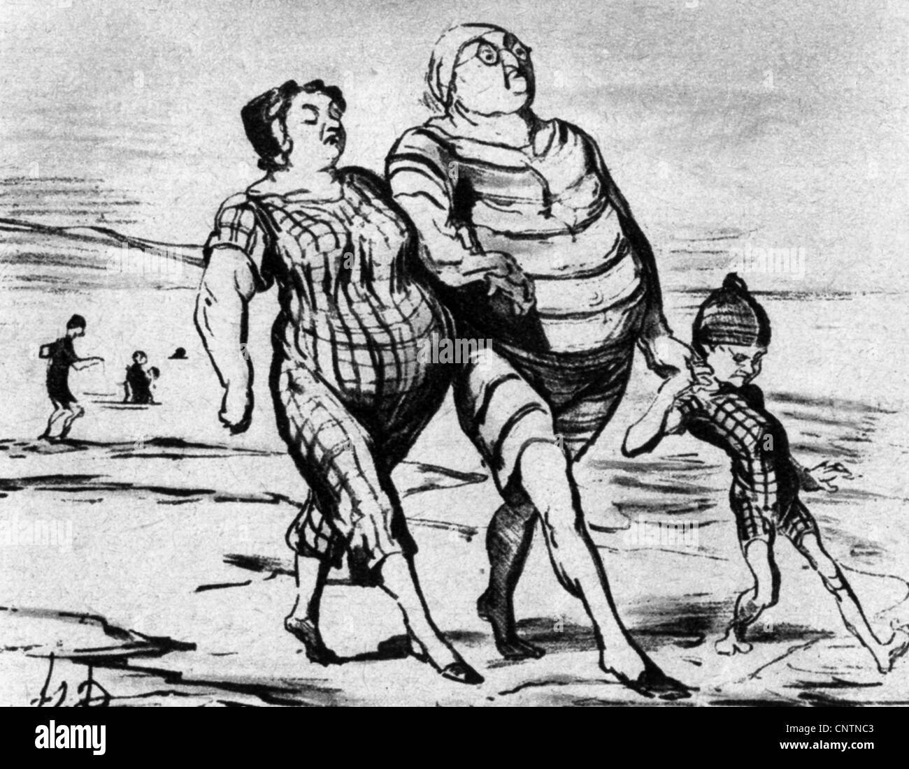 Baignade, plage, caricature, M. et Mme Honestman sur la plage, lithographie de Honoré Daumier, 1853, droits additionnels-Clearences-non disponible Banque D'Images