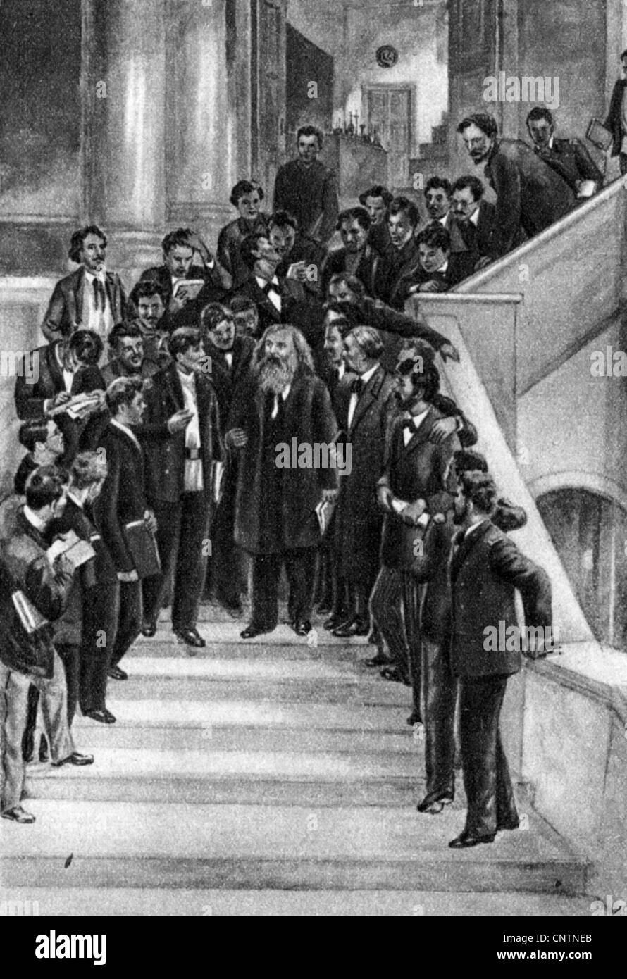 Mendeleev, Dmitri Ivanovich, 8.2.1834 - 2.2.1907, chimiste russe (inventeur de la table périodique des éléments), photo de groupe, avec étudiants, dessin, Banque D'Images