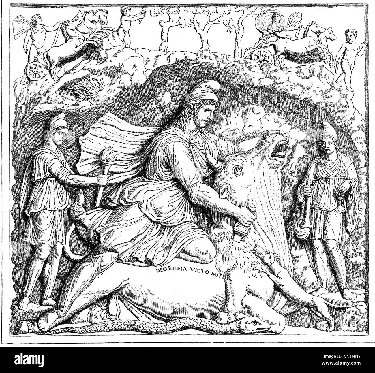 Mitra, divinité indo-iranienne, dieu de la loi, également adorée dans l'Empire romain, gravure en bois après un soulagement du Louvre, Paris, Banque D'Images
