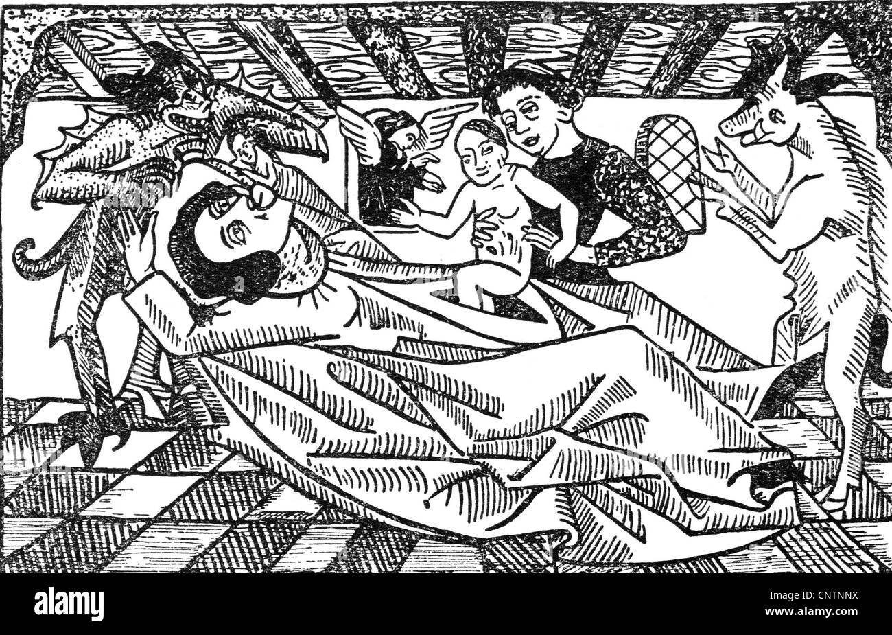 Mort L Ame Sort La Bouche D Une Femme Mourante Pendant Qu Un Enfant Est Ne Par Cesarean Coupe De Bois Xve Siecle Historique Historique Mort Mort Transmigration D Ames Superstition Moyen Age Medieval Lit De