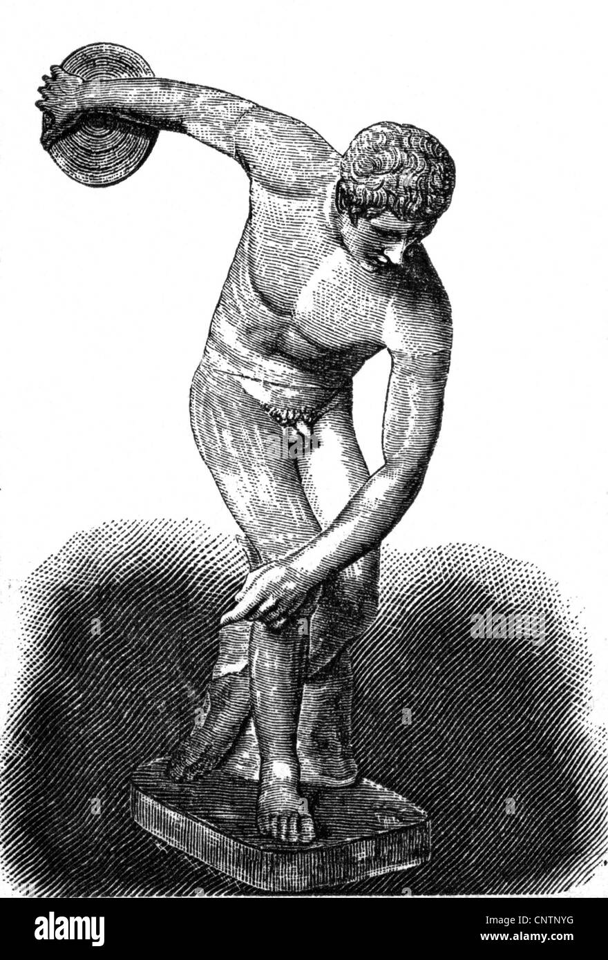Sports, athlétisme, discus, monde antique, discobolus, après la statue de Myron d'Eleutherae, gravure en bois, 19e siècle, historique, historique, discus thramers, discus thramers, monde antique, People, Additional-Rights-Clearences-not available Banque D'Images