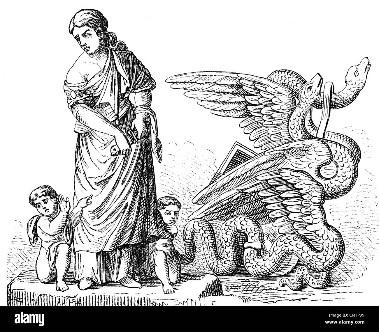 MEDEA, figure mythique grecque, épouse de Jason, pleine longueur, avec ses enfants elle est sur le point de tuer, dessiner, XIXe siècle, après une illustration ancienne de Timomachus, Banque D'Images