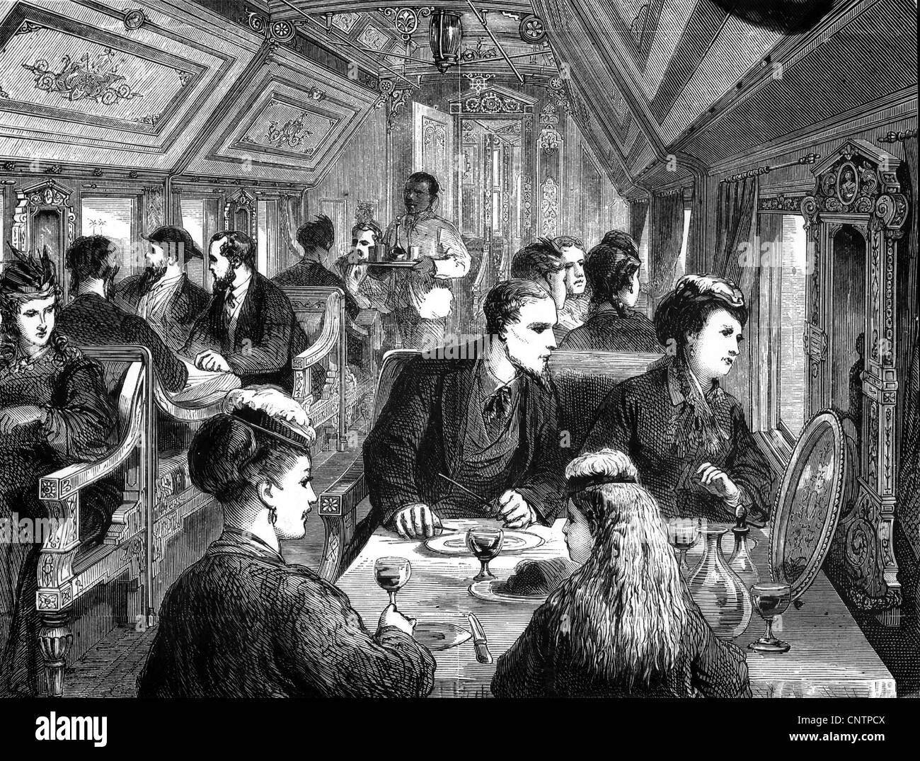 Transport / transport, chemin de fer, intérieur d'un wagon-restaurant des chemins de fer de l'Union Pacific, 1869, droits additionnels-Clearences-non disponible Banque D'Images