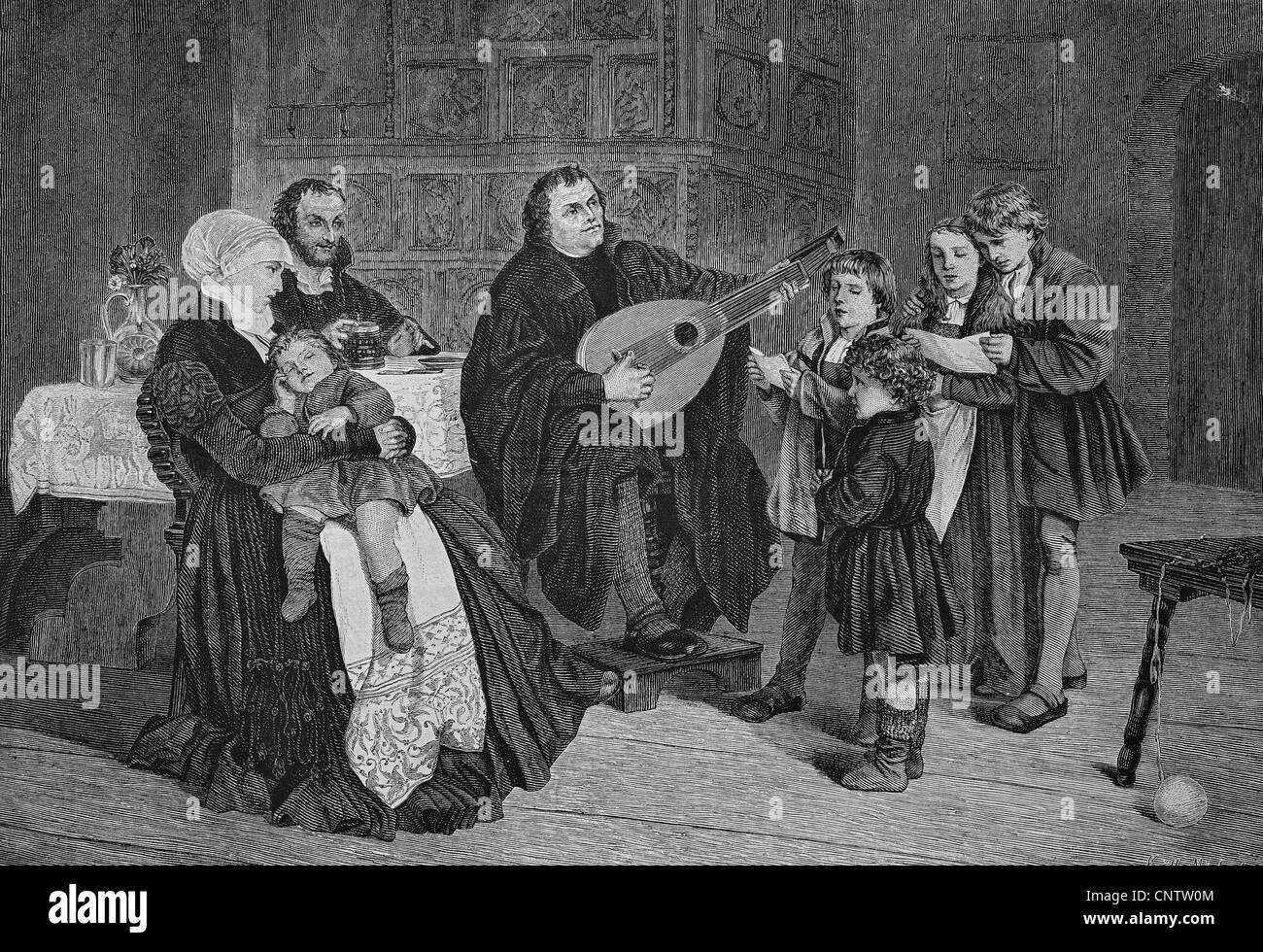 Martin Luther, chorale à l'église dans la chambre, la gravure historique, 1869 Banque D'Images