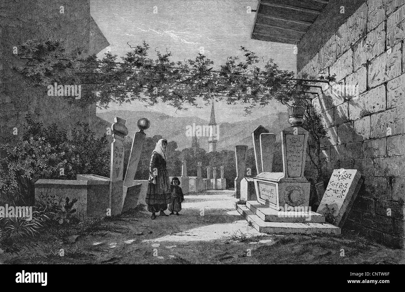 Tombes dans Baktschifarai tatar, Bachtschyssaraj, Crimea, Ukraine, historique de la gravure, 1869 Banque D'Images