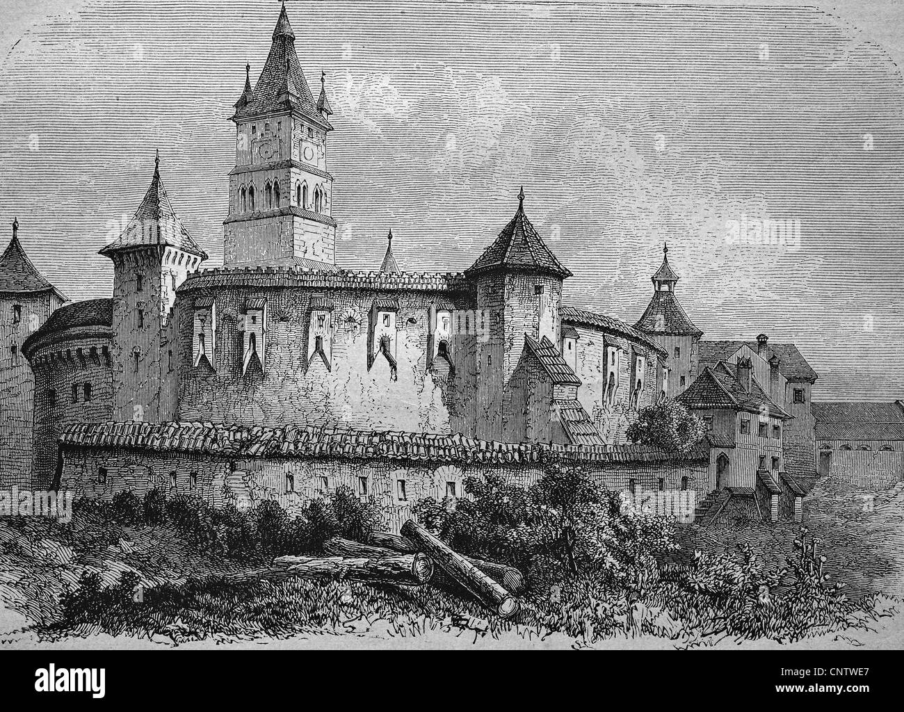 Honigsberger Kastell, fort, maintenant église fortifiée de Harman, Roumanie, Transylvanie, historique de la gravure, 1869 Banque D'Images