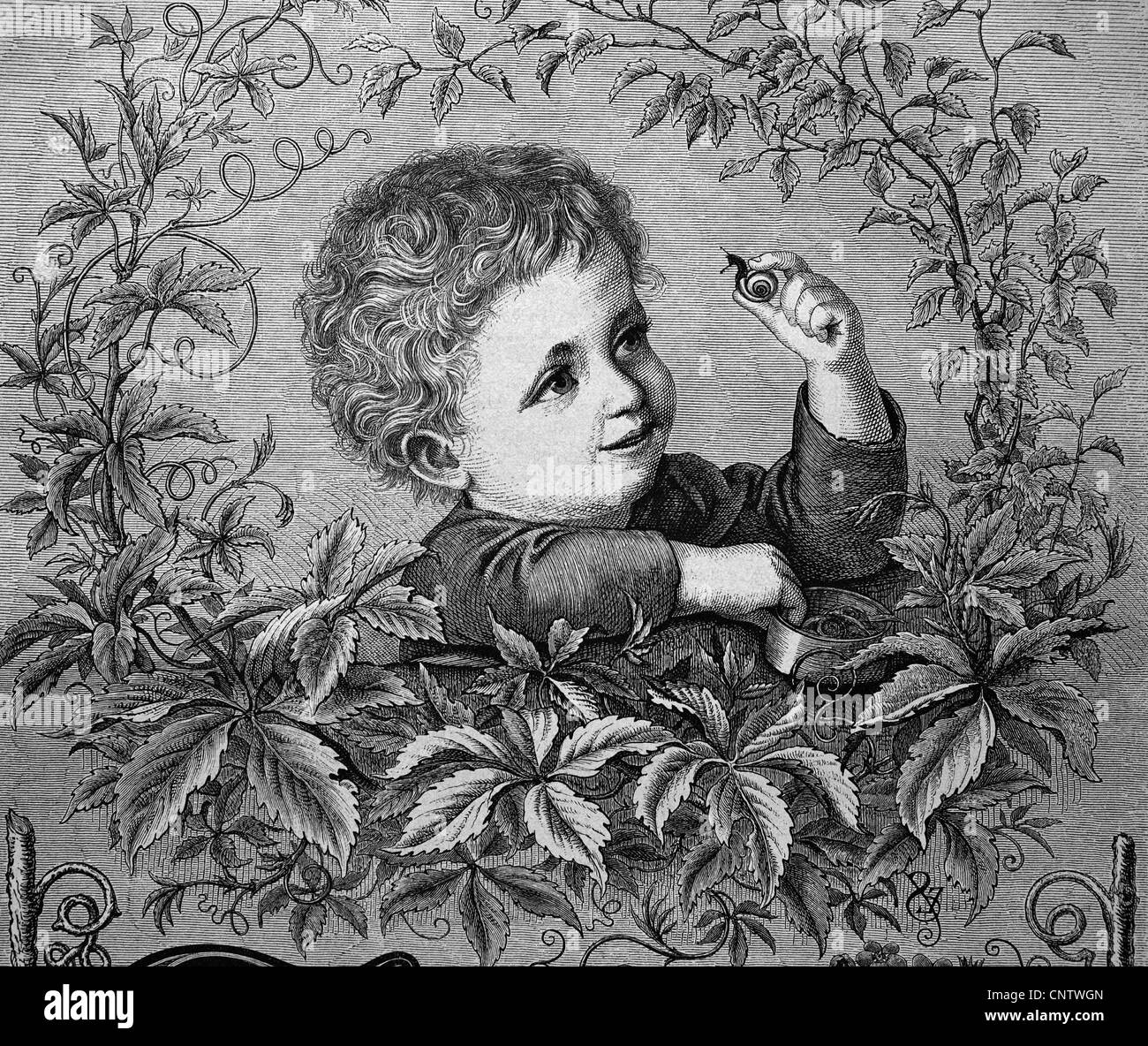 Jeune garçon à la recherche d'un escargot, gravure historique, 1869 Banque D'Images