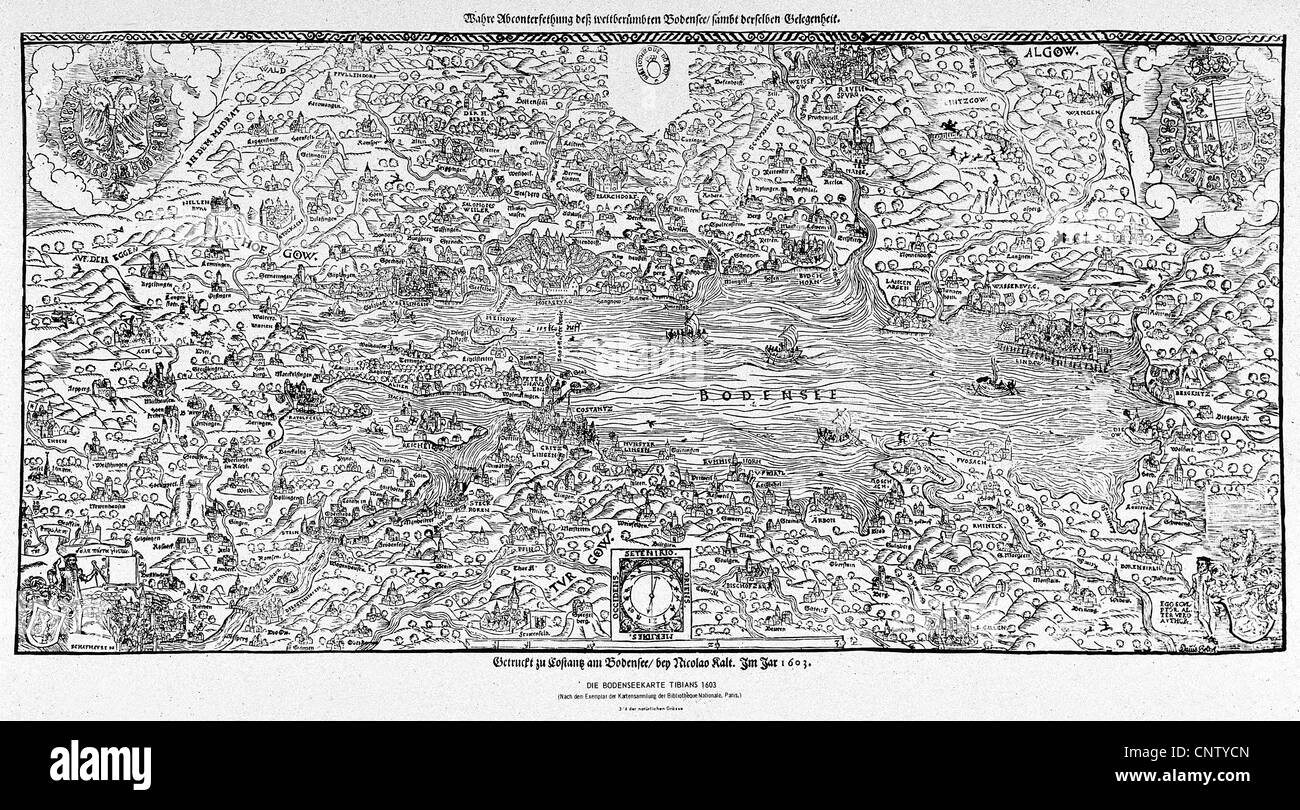 Cartes, Europe, Lac de Constance, carte de Tibian, imprimé par Nicolao Kalt, Constance, 1603, droits additionnels-Clearences-non disponible Banque D'Images