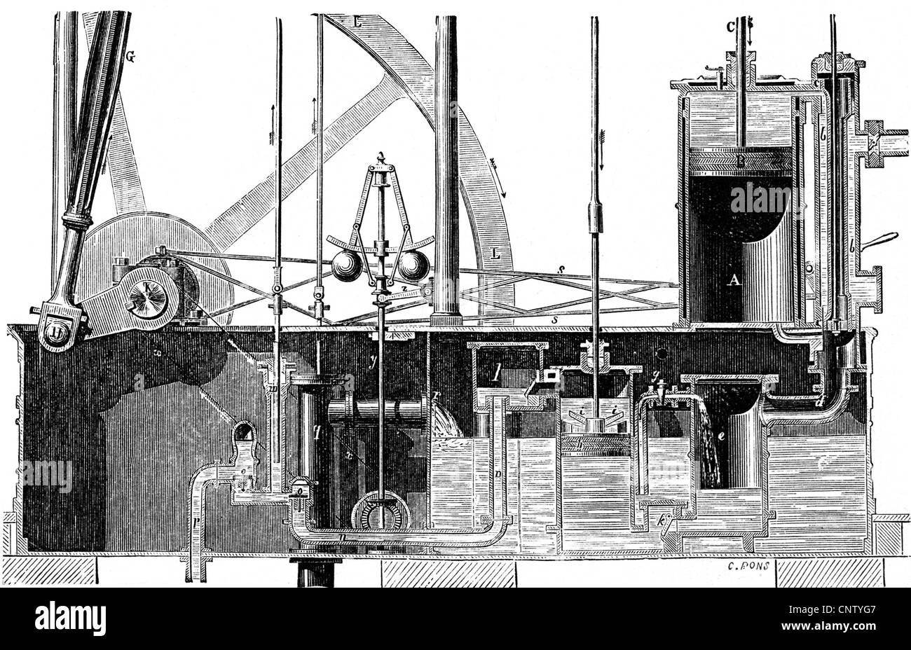 Watt, James, 19.1.1736 - 25.8.1819, ingénieur et inventeur écossais, son moteur à vapeur, 1776, schéma, gravure sur bois, XIXe siècle, Banque D'Images