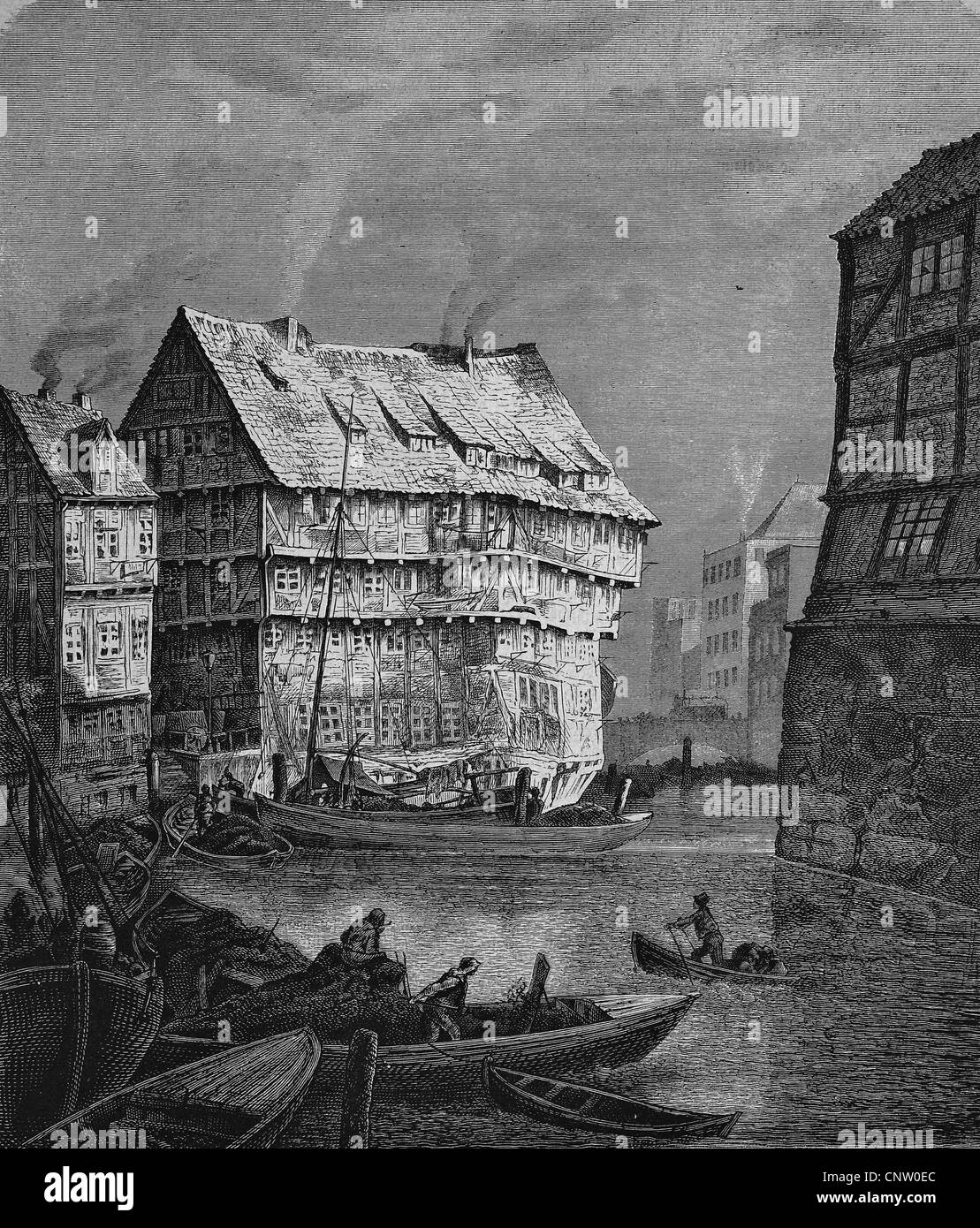 Ville vieux pont sur le canal, à Hambourg, Allemagne, 1869, gravure historique Banque D'Images