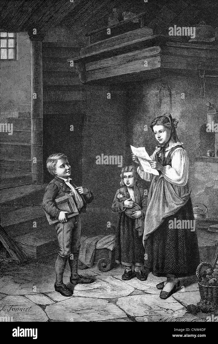 Garçon carte de la présentation de son rapport à sa mère à la maison historique, la gravure sur bois, 1886 Banque D'Images