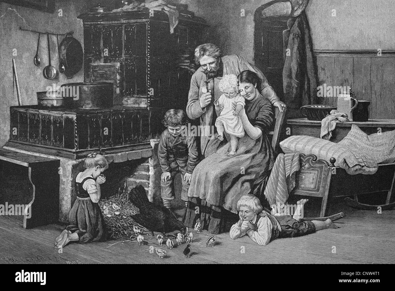 Idylle de la famille dans le salon d'un agriculteur avec poussins nouvellement éclos, historique de la gravure, 1880 Banque D'Images