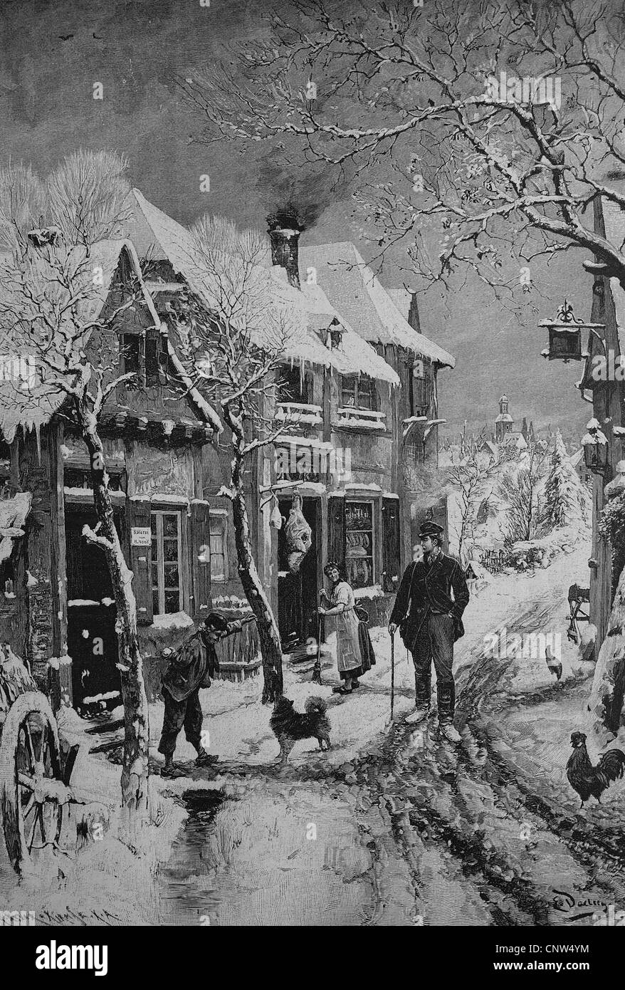 Sur le voyage de compagnon en hiver, historique de la gravure, 1880 Banque D'Images