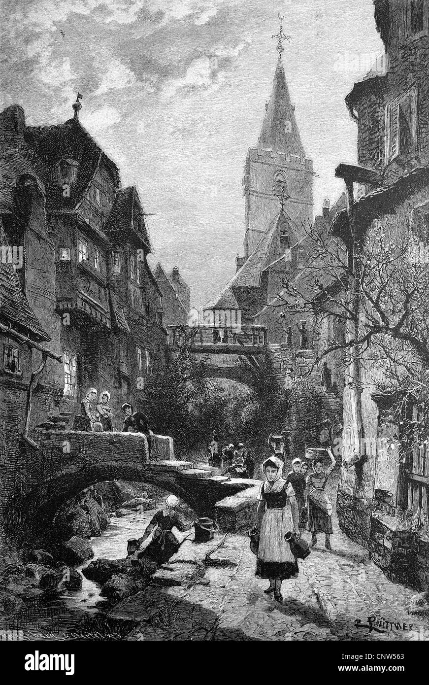 L'écopage de l'eau de Pâques, la coutume traditionnelle en Bavière et en Autriche, la gravure historique, 1880 Banque D'Images