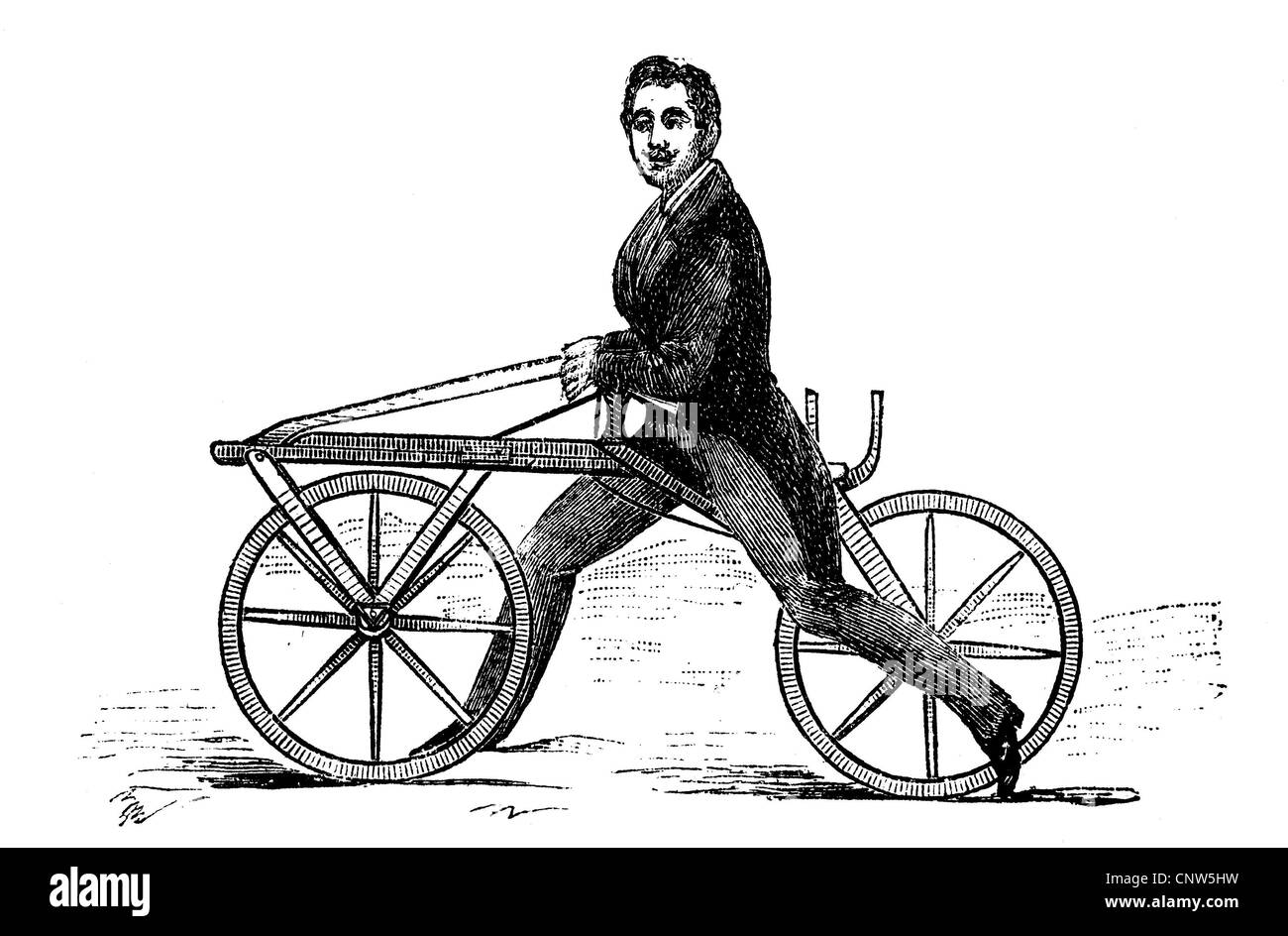 Vélocipède par le baron von Drais, 1817 Masslaufmaschine, Drais' historique, gravure, 1880 Banque D'Images