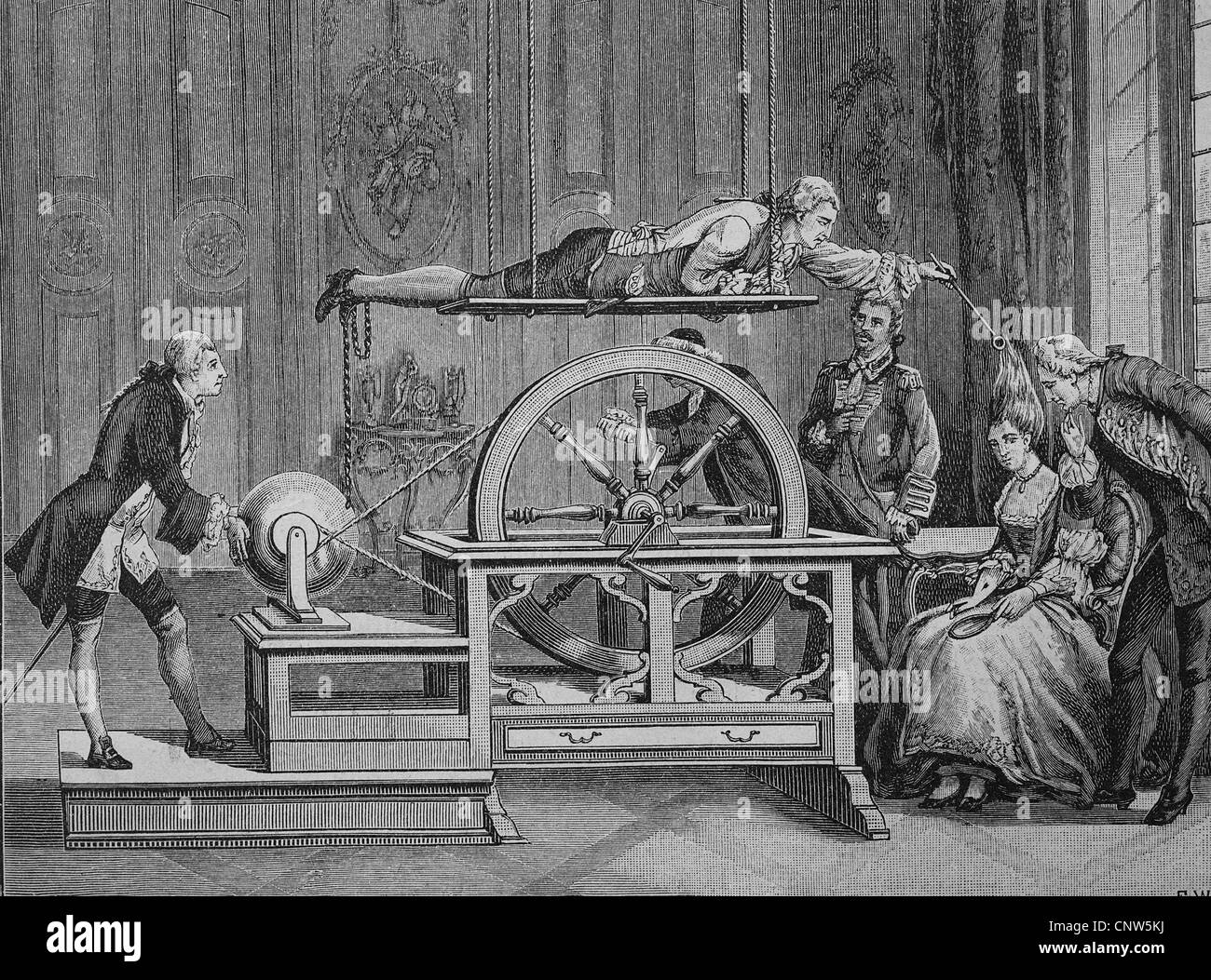 Expérience de l'électricité dans le 18e siècle, la gravure historique, 1880 Banque D'Images