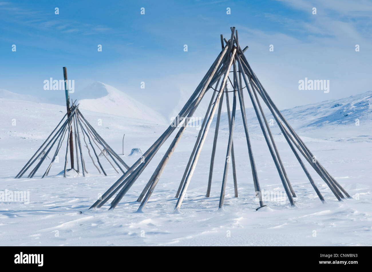 Des châssis, kotha sami en Suède, en Laponie, Norrbotten, Parc National de Padjelanta Banque D'Images