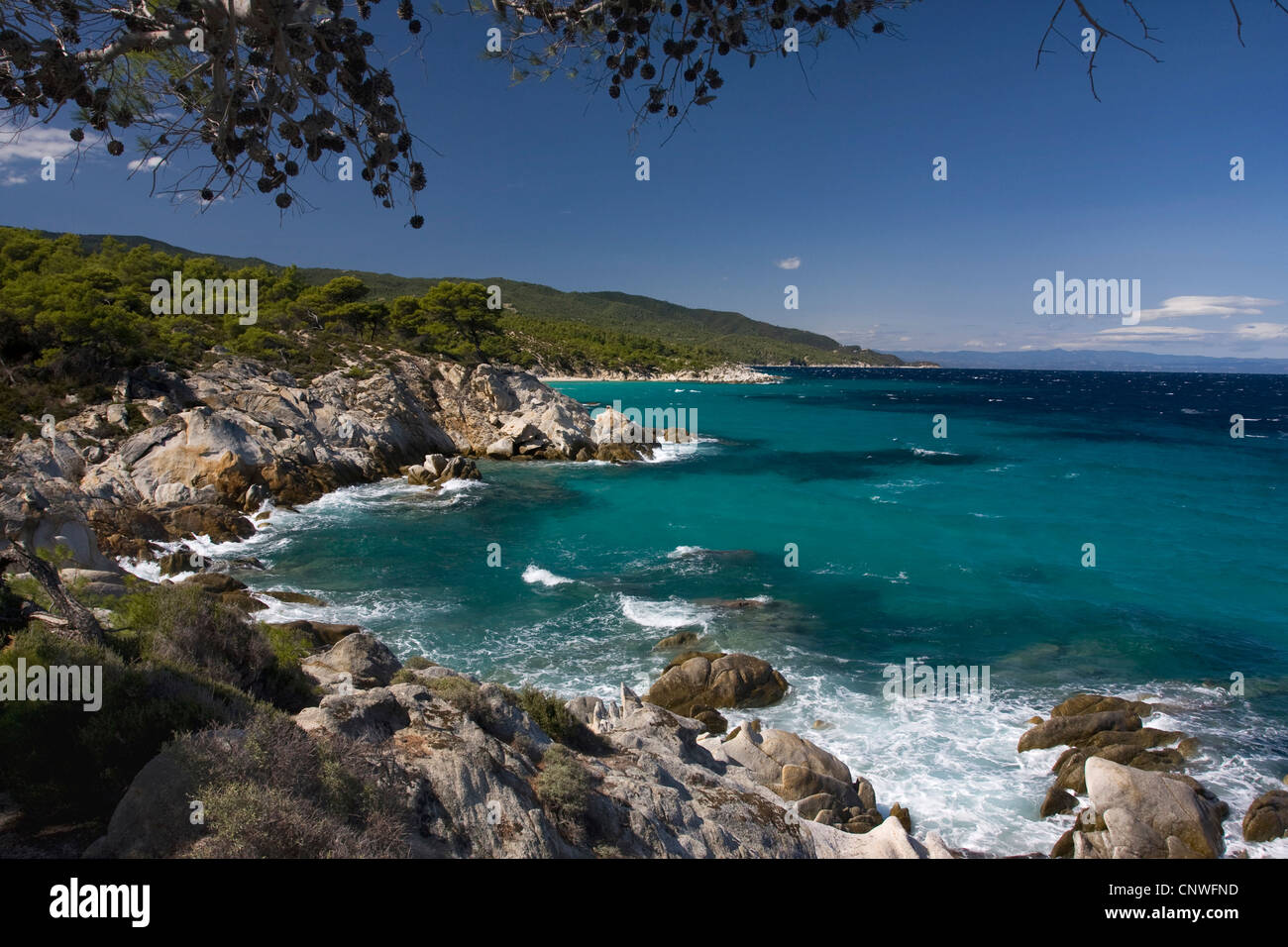 Paysage côtier à Sarti, Grèce, Chalcidique, Sithonia, Sarti Banque D'Images