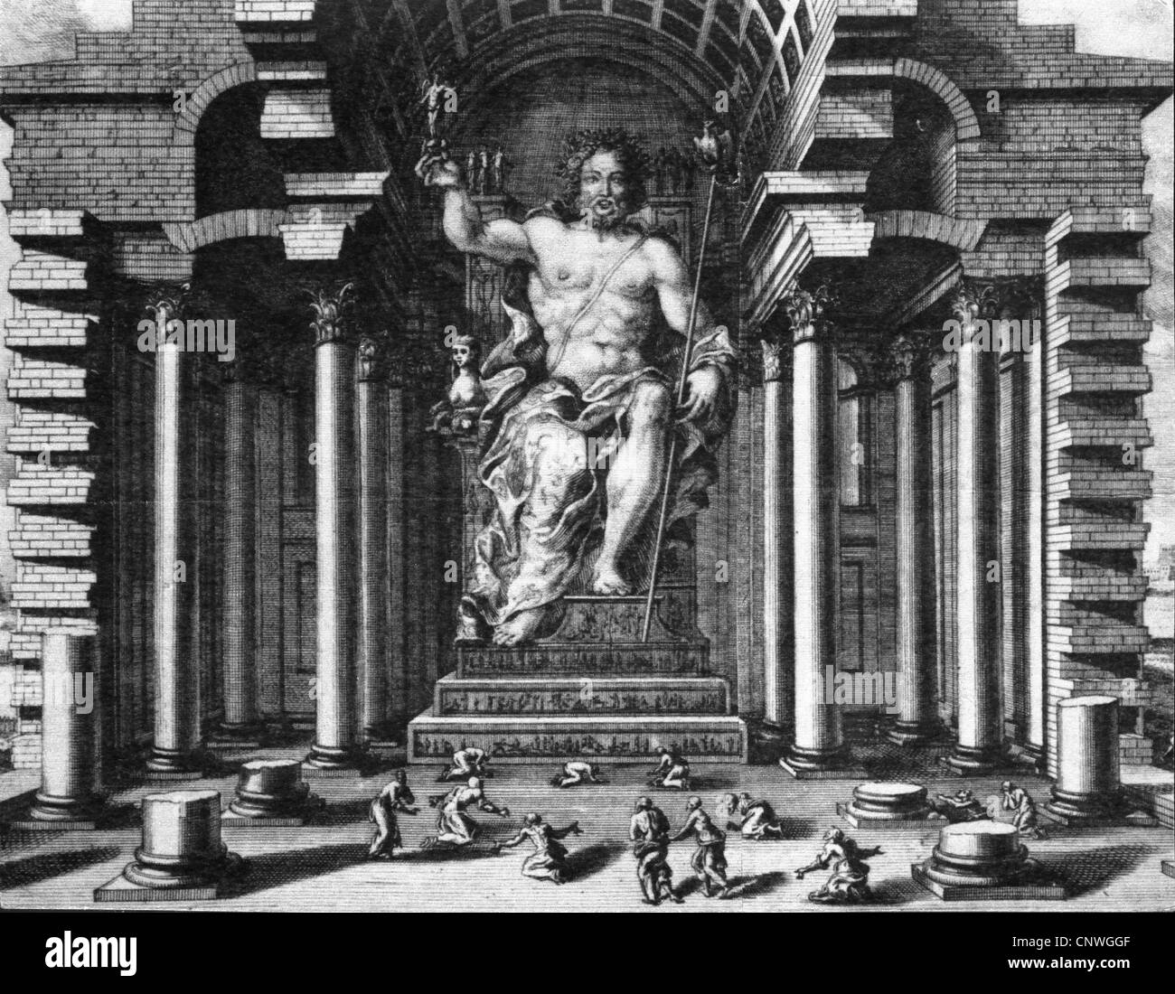 Zeus (latin: Jupiter), roi grec, chef des dieux, dieu du ciel et du tonnerre, temple de Zeus, statue de Zeus à Olympia (reconstruction), gravure en bois, XIXe siècle, demi-longueur, Banque D'Images