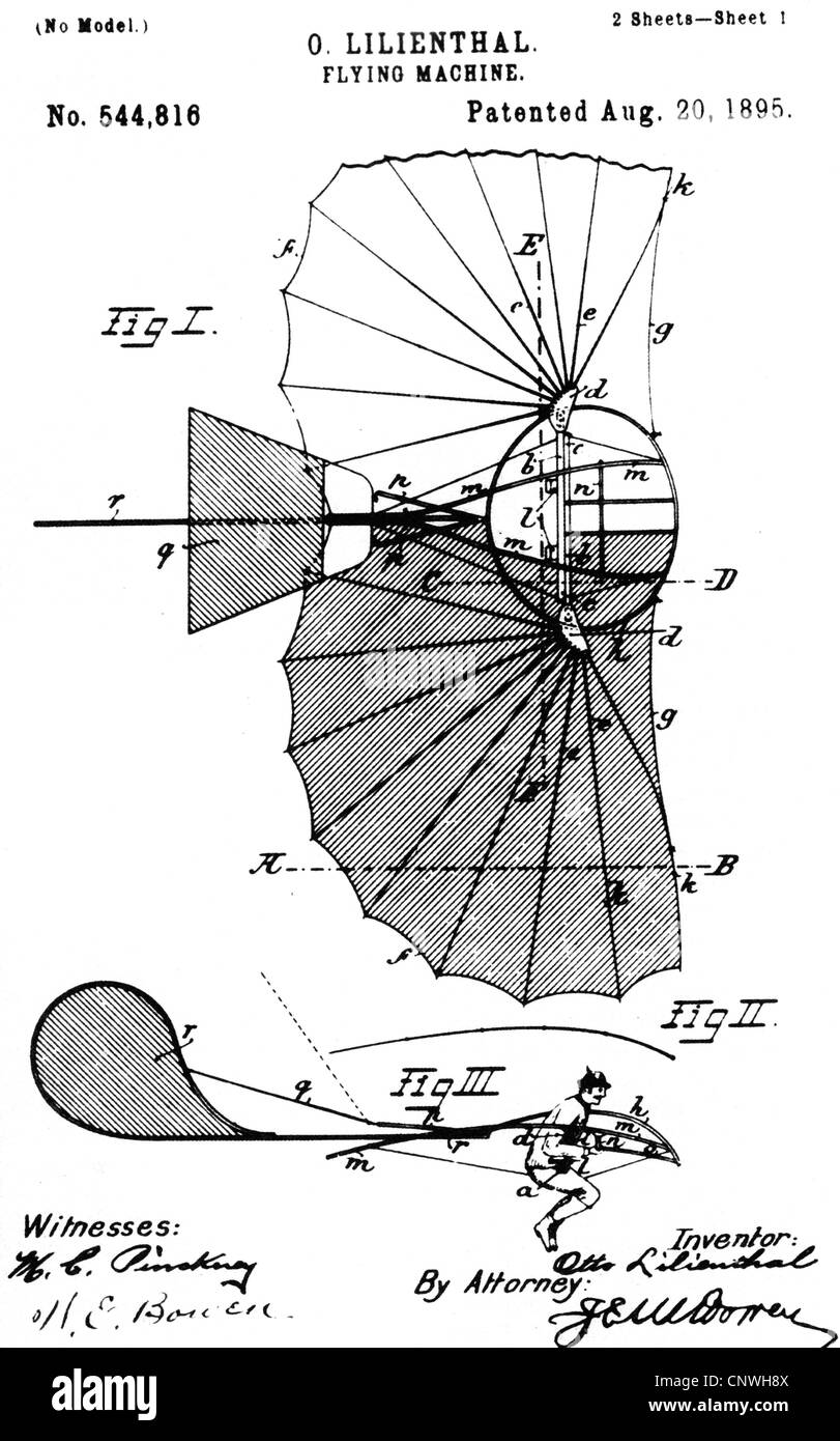 Lilienthal, Otto, 23.5.1848 - 10.5.1896, pionnier allemand de l'aviation, sa machine volante, dessin de construction à partir de la spécification de brevet, 20.8.1895, Banque D'Images