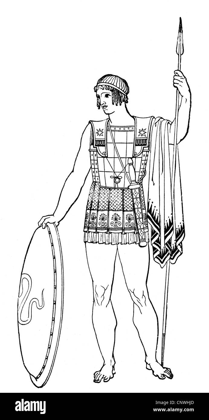 Militaire, monde antique, Grèce, guerrier lourdement armé (hoplite), dessin, 19e siècle, après un vase antique peinture, hoplites, bouclier, boucliers, armure, armure, lance, lances, lances, soldats, soldat, grec, grec, grec, historique, historique, monde antique, peuple, droits additionnels-Clearences-non disponible Banque D'Images