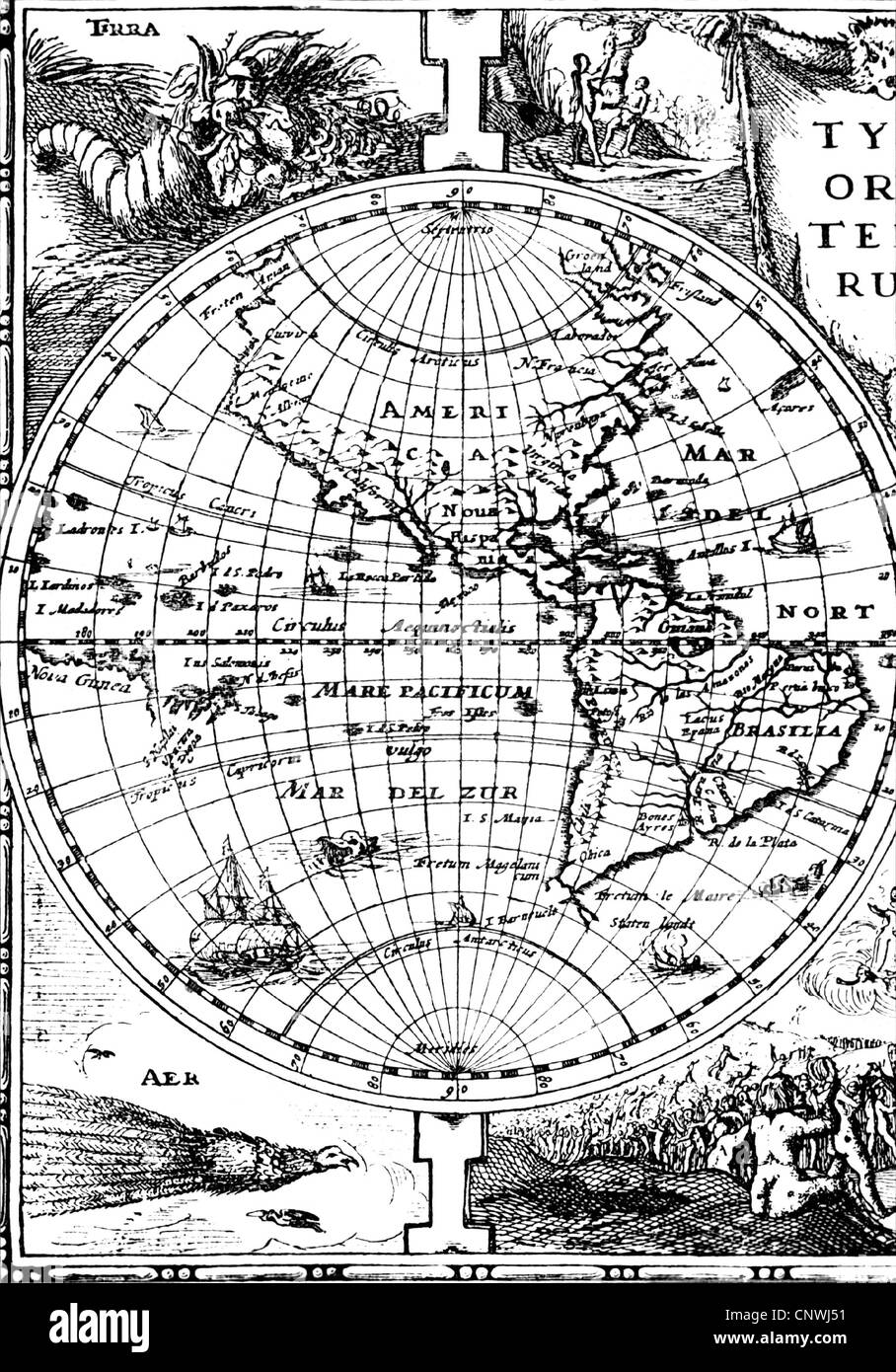 Cartographie, cartes/cartes marines, Amérique, carte d'un atlas de Gerhard Mercator, publié en 1632 à Amsterdam, globe, World ball, globes, World Balls, longitude, degré de longitude, degrés de longitude, lignes latitudinales, XVIIe siècle, historique, historique, Pacifique, Océan Pacifique, droits additionnels-Clearences-non disponible Banque D'Images