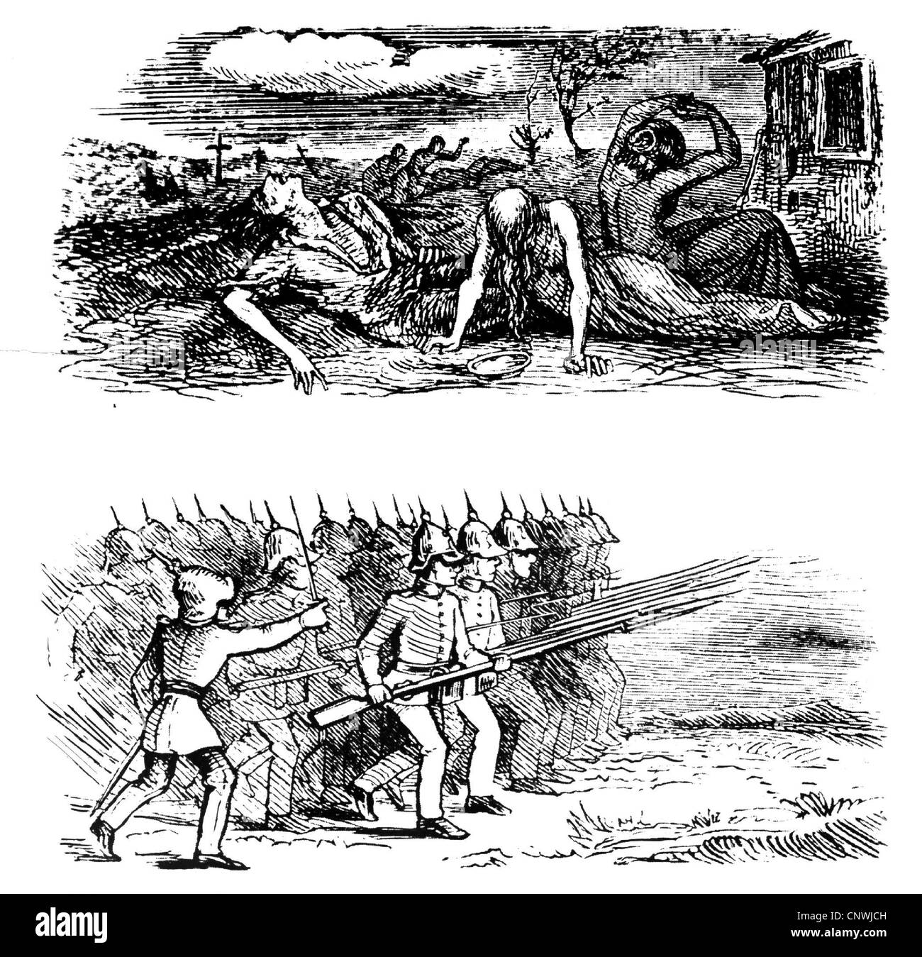 Événements, soulèvement des tisserands silésiens en 1844, caricature: 'Le désespoir et le' (ci-dessus), 'aide officielle' (ci-dessous), gravure contemporaine en bois, droits additionnels-Clearences-non disponible Banque D'Images