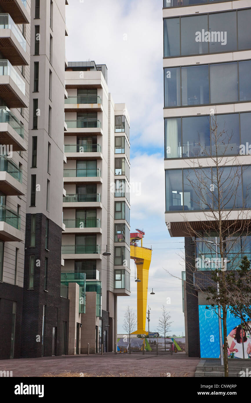 L'Irlande du Nord, Belfast, Titanic, trimestre, appartement moderne de bâtiments construits sur l'ancien site du chantier naval Harland and Wolff. Banque D'Images