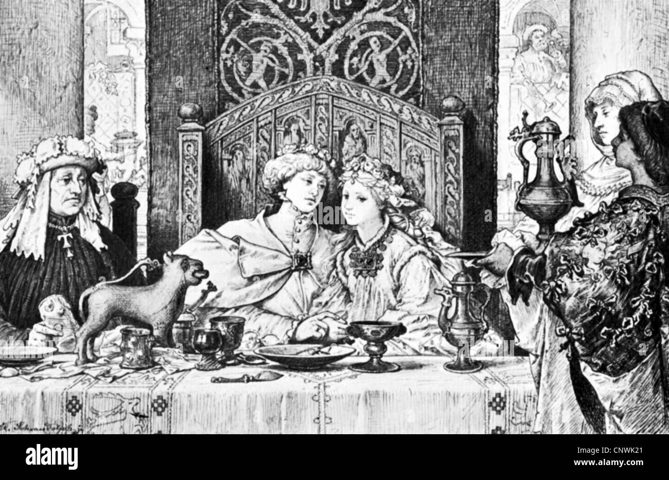 Personnes, mariage, couple de mariée, couple de couple de couple de couple de couple de courtiement, dessin par Claudius Schraudolph, Allemagne, 19e siècle, mariée, marié, époux, amour, table, vin, nourriture, fête, mariage, cour, noblesse, historique, historique, historique, médiéval, droits additionnels-Clearences-non disponible Banque D'Images