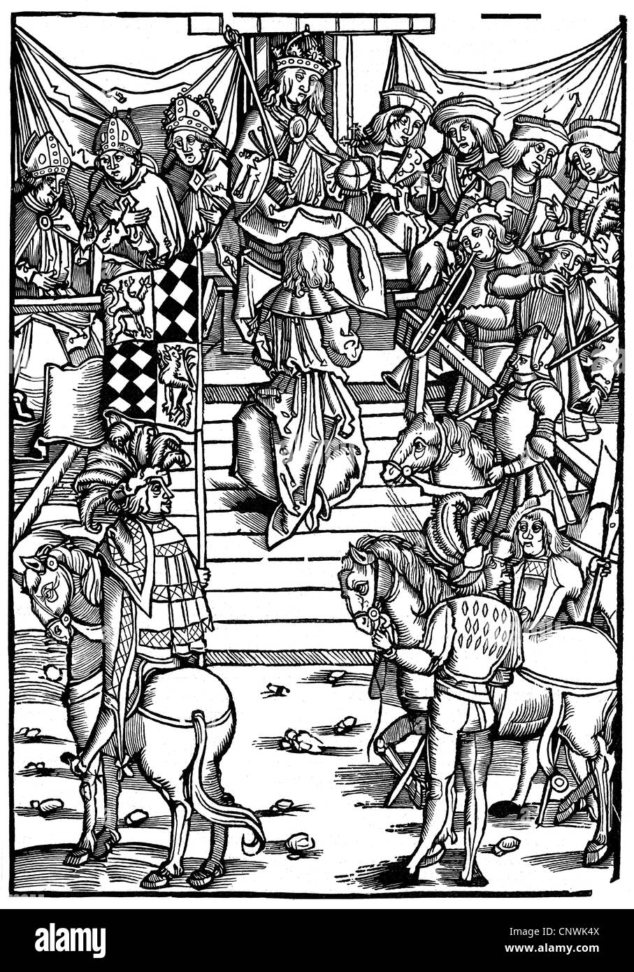 Moyen âge, croisades, croisés et électeurs, page de titre de 'Translatzen' par Niklaus von Wyle, coupe de bois après une impression de Strasbourg (1510), 19e siècle, droits additionnels-Clearences-non disponible Banque D'Images