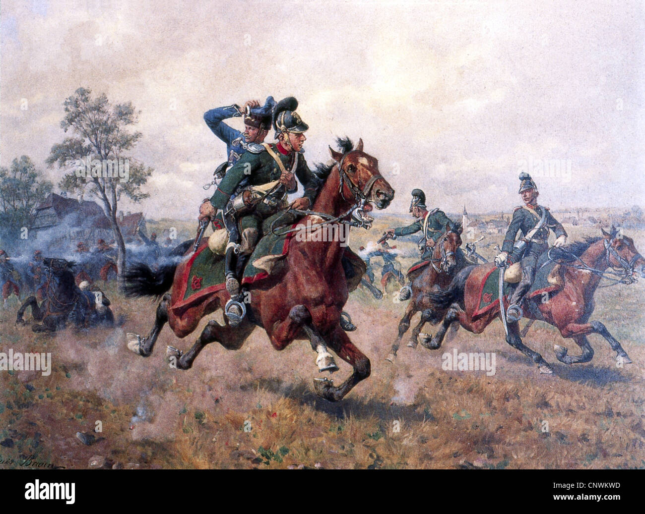Événements, guerre franco-prussienne 1870 - 1871, l'escarmouche à Sturzelbronn, 1.8.1870, le cheveu-leger Hermann Weinacht l'enregistrement d'un Hussard prussien, imprimer après peinture par Louis Braun, 1905, 5e Régiment de hussards, 12e Cheveulegers, cavalerie, cavaliers, soldats, Lorraine, Allemagne, la Bavière, la Prusse, Franco - prussien, 19e siècle, historique, historique, personnes, années 1900, 20e siècle, l'artiste n'a pas d'auteur pour être effacé Banque D'Images