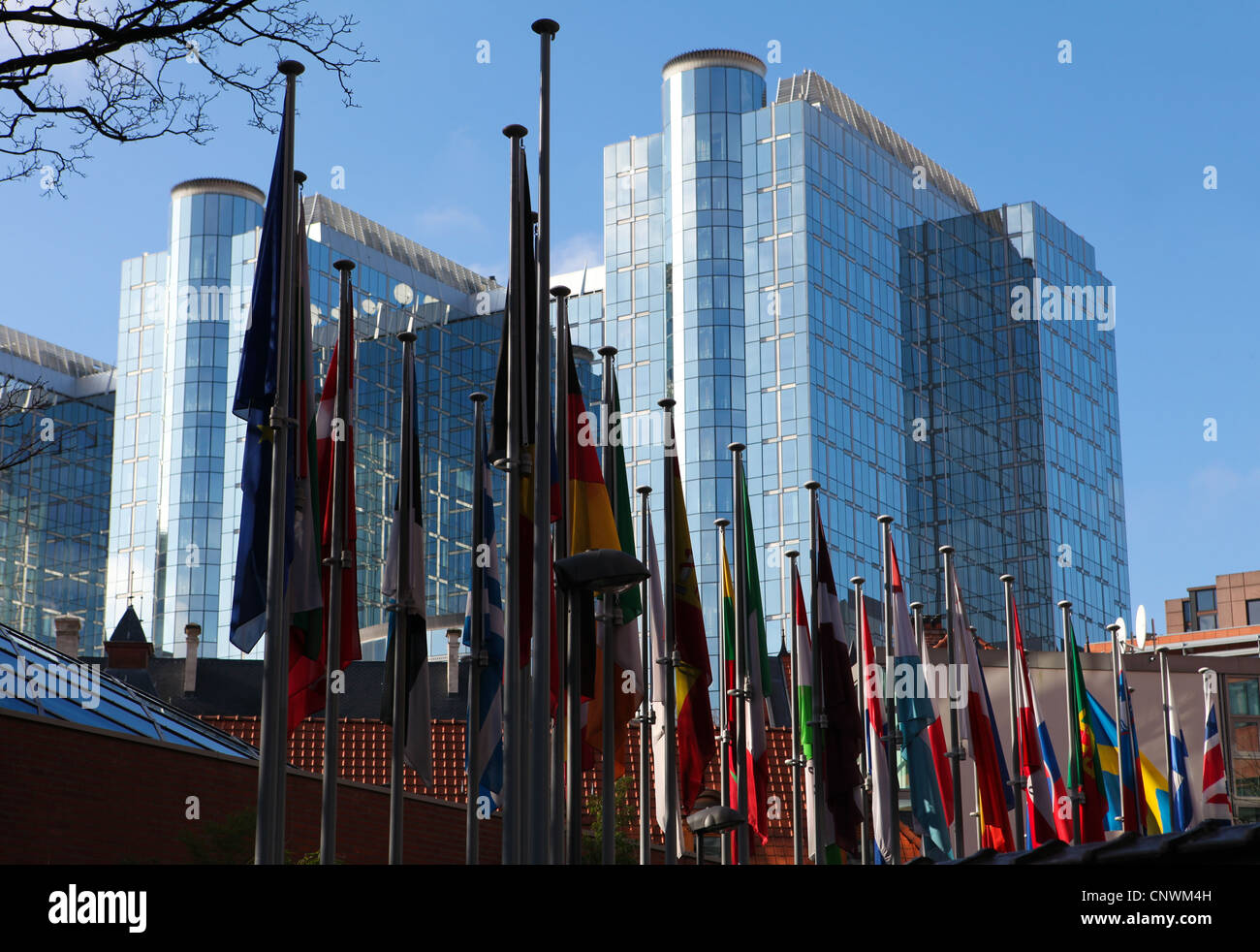 Drapeaux des États membres de l'Union européenne devant le bâtiment du Parlement européen à Bruxelles, Belgique. Banque D'Images