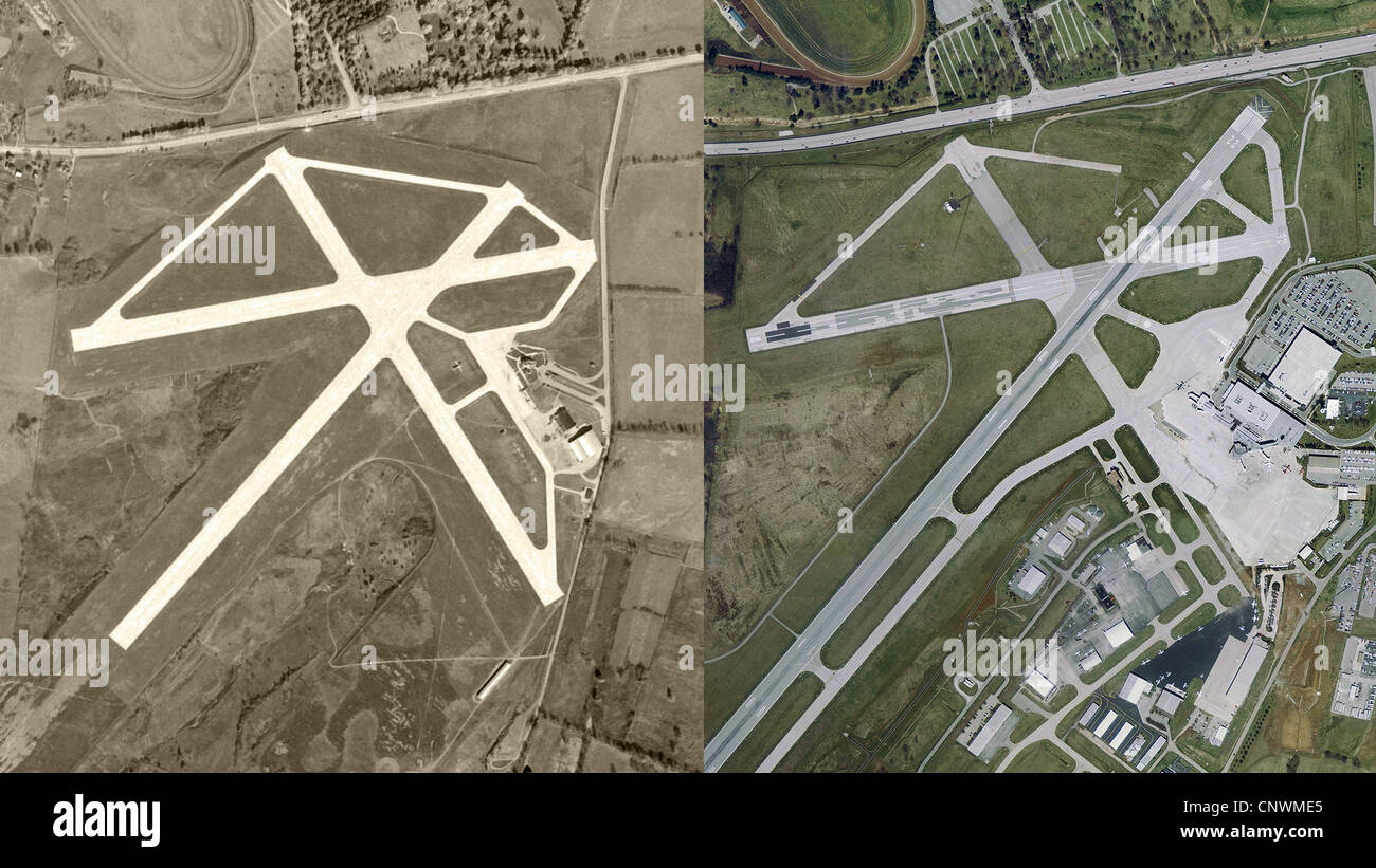 Photographie aérienne historique hier et aujourd'hui rapport Blue Grass Airport, New York 1949-2002 Banque D'Images