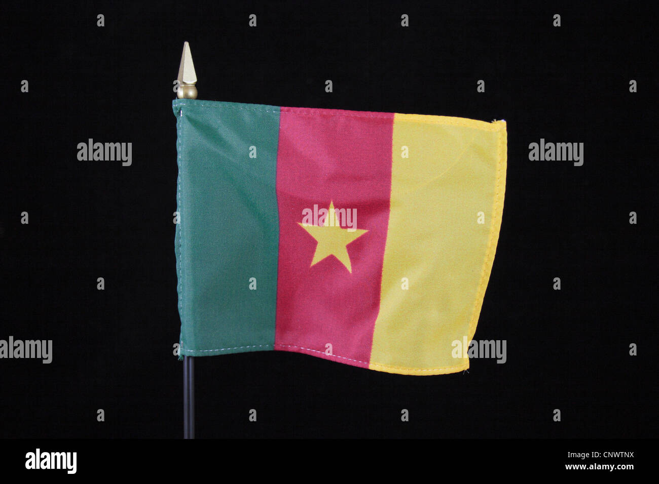 Le drapeau national de la République du Cameroun sur un fond noir. Banque D'Images