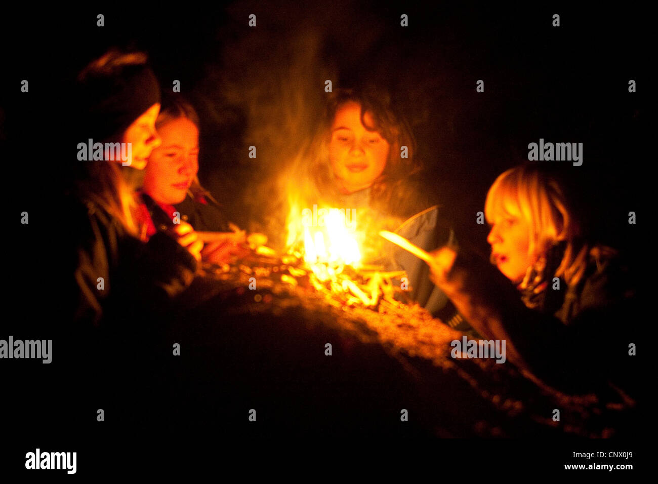 Des enfants assis autour d'un feu la nuit, Allemagne Banque D'Images