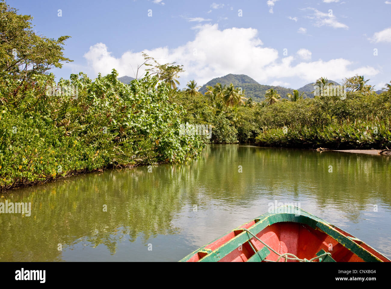 La proue d'un bateau à rames qu'elle glisse vers le haut de la rivière Indian près de Portsmouth Dominique Banque D'Images
