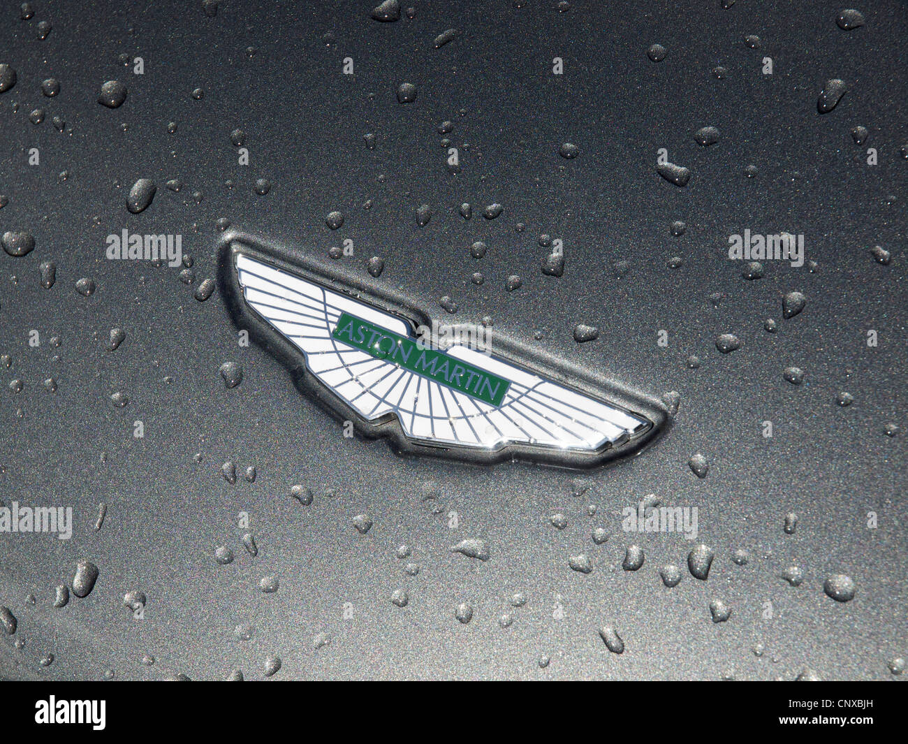 Aston Martin sur badge avec capot métallique fantaisie paintjob, avec la pluie. Banque D'Images