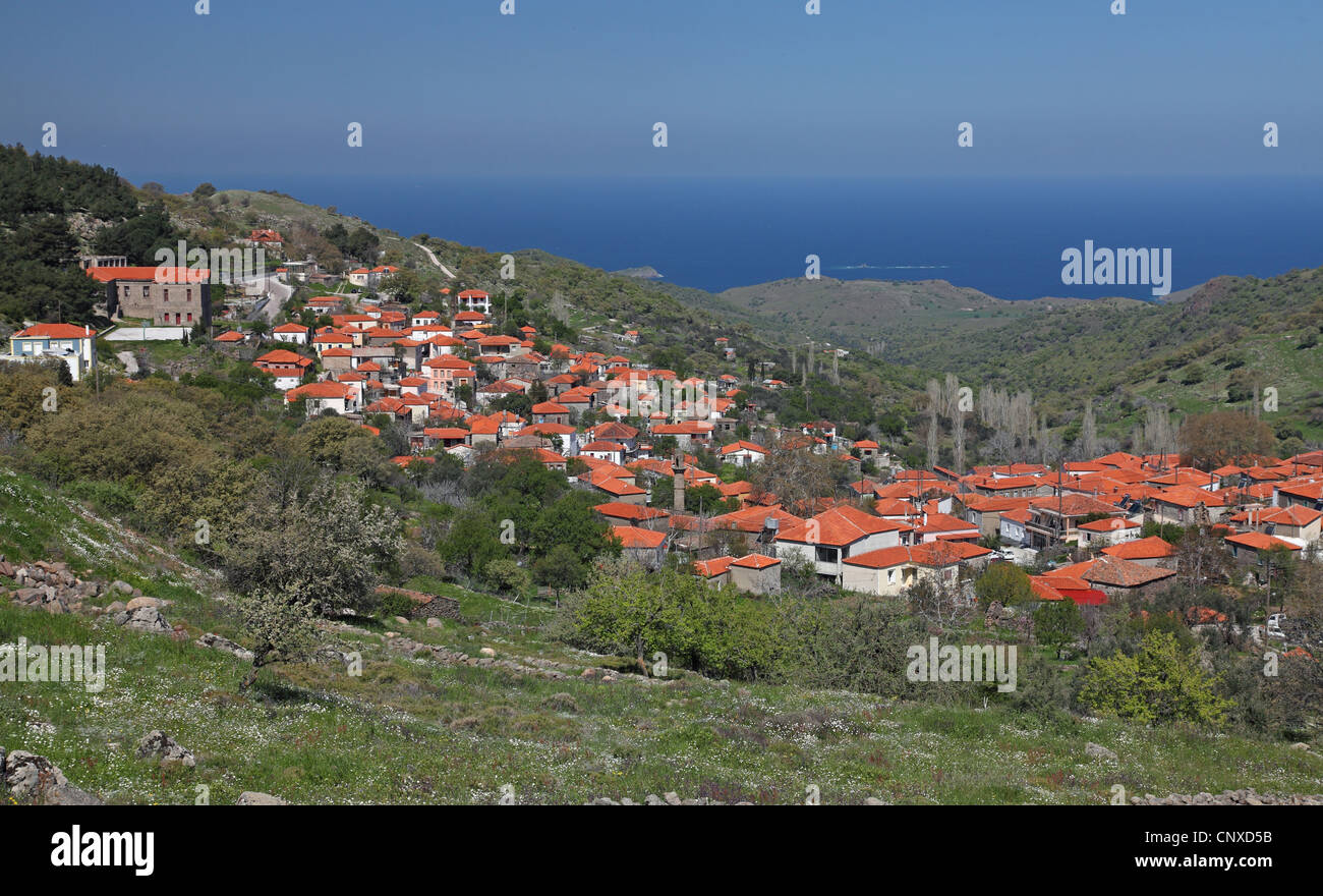 Village pittoresque dans un paysage vallonné, Grèce, Lesbos, Skalochori Banque D'Images