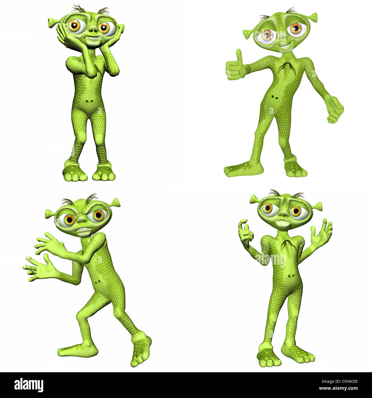 Illustration d'un pack de quatre (4) green aliens avec différentes poses et expressions isolé sur fond blanc Banque D'Images