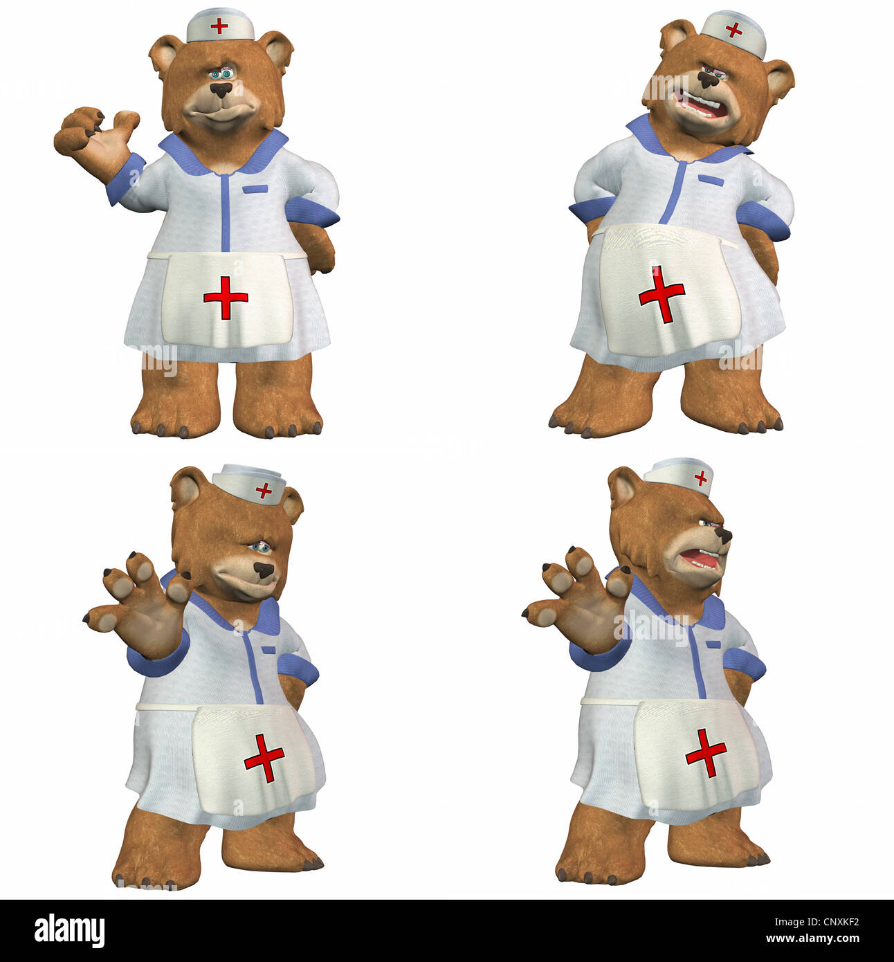 Illustration d'un pack de quatre (4) infirmière porte avec différentes poses et expressions isolé sur fond blanc - 1de2 Banque D'Images