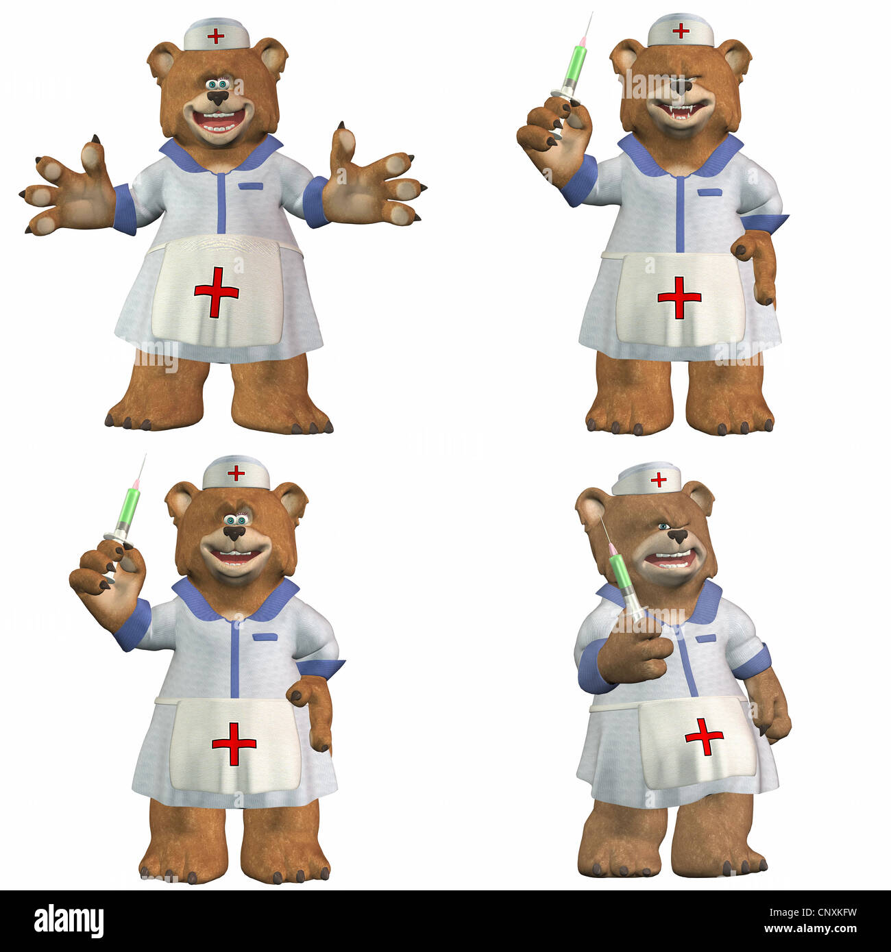 Illustration d'un pack de quatre (4) infirmière porte avec différentes poses et expressions isolé sur fond blanc - 2de2 Banque D'Images