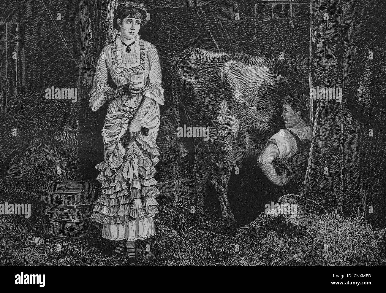 Le premier jour de l'alimentation, lait, 1883 Gravure historique Banque D'Images