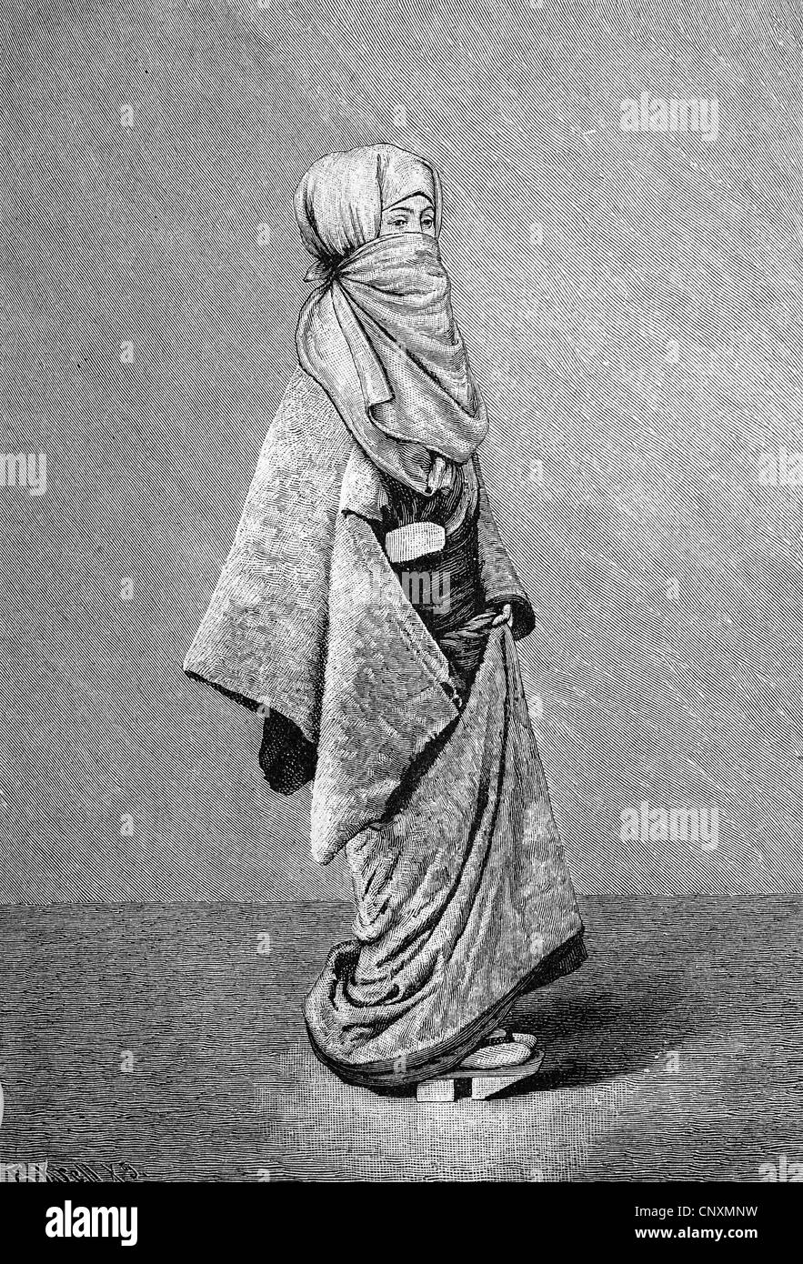 La vie des femmes japonaises, des vêtements d'hiver d'une Japonaise, historique de la gravure, 1883 Banque D'Images