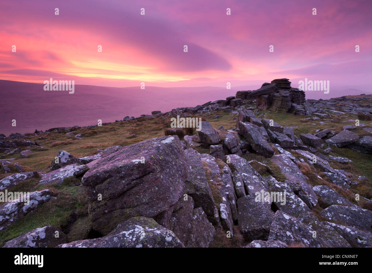 Rose spectaculaire lever du soleil au-dessus de Belstone Tor, Dartmoor, dans le Devon, Angleterre. L'hiver (Janvier) 2012. Banque D'Images