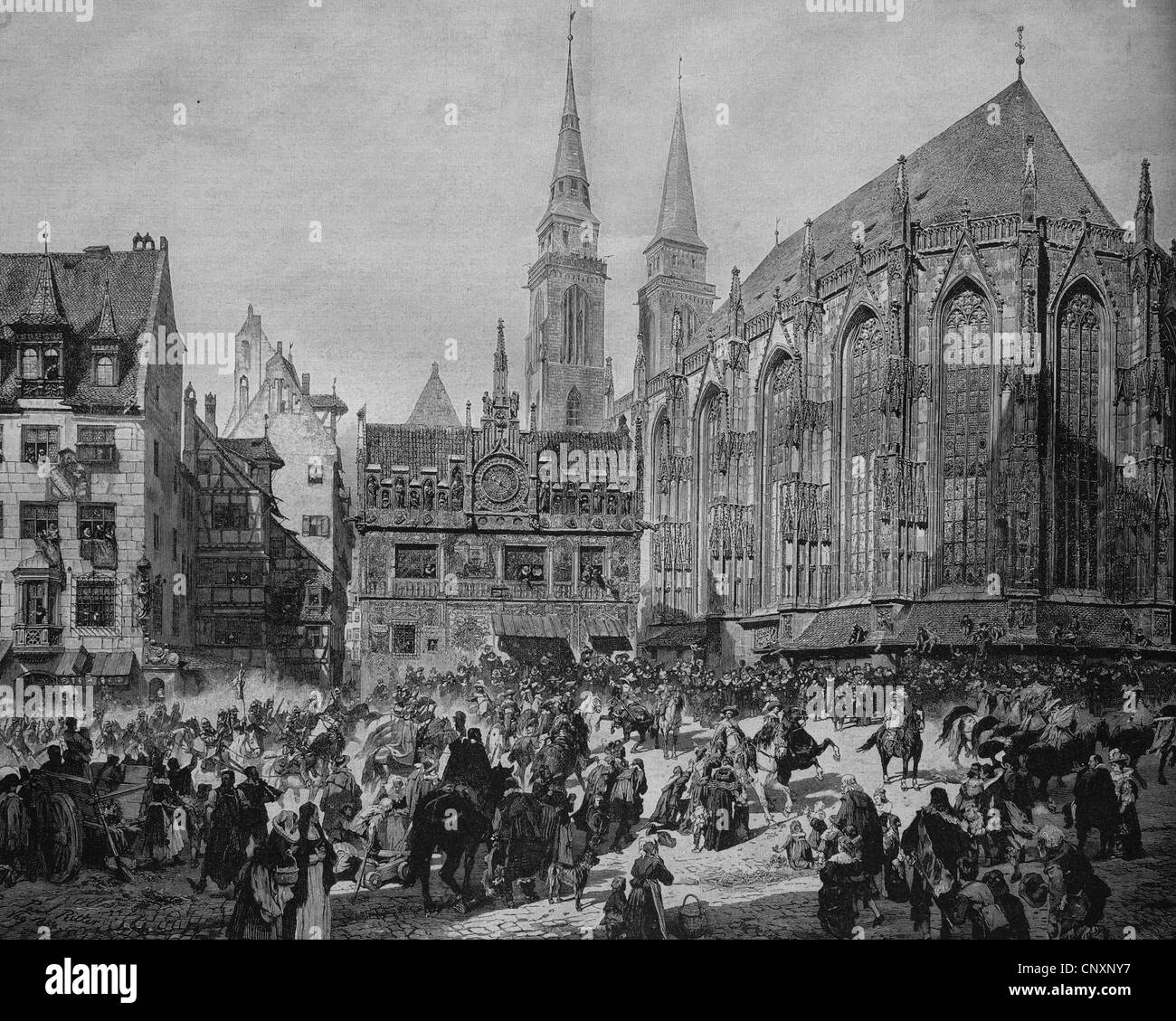 Entrée de Gustav Adolf à Nuremberg en 1632, ici à l'église Saint Sebald, gravure historique, vers 1885 Banque D'Images