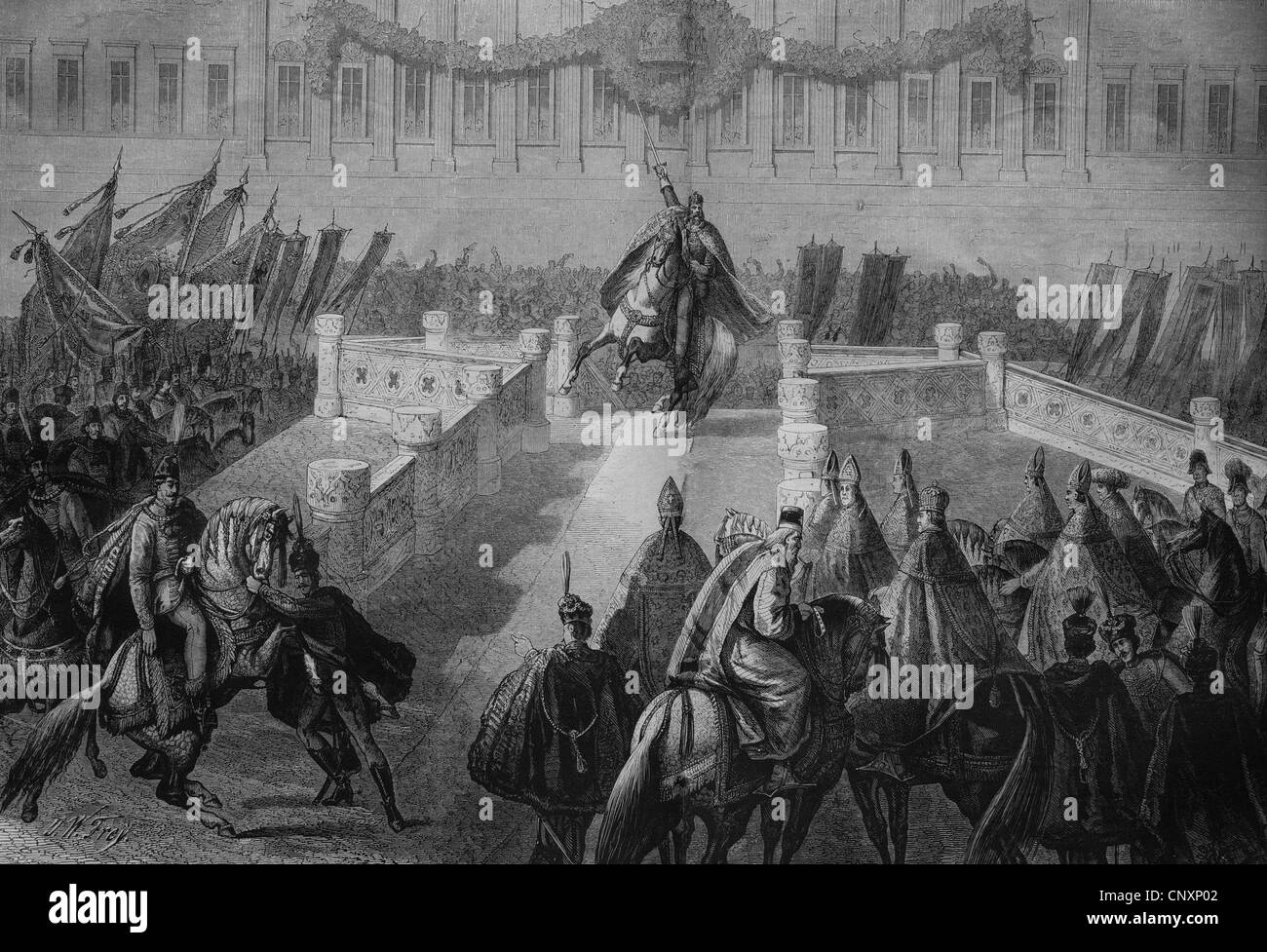 D'estoc de l'épée dans quatre directions sur la colline de couronnement dans Osen, la Norvège, la gravure historique, vers 1885 Banque D'Images