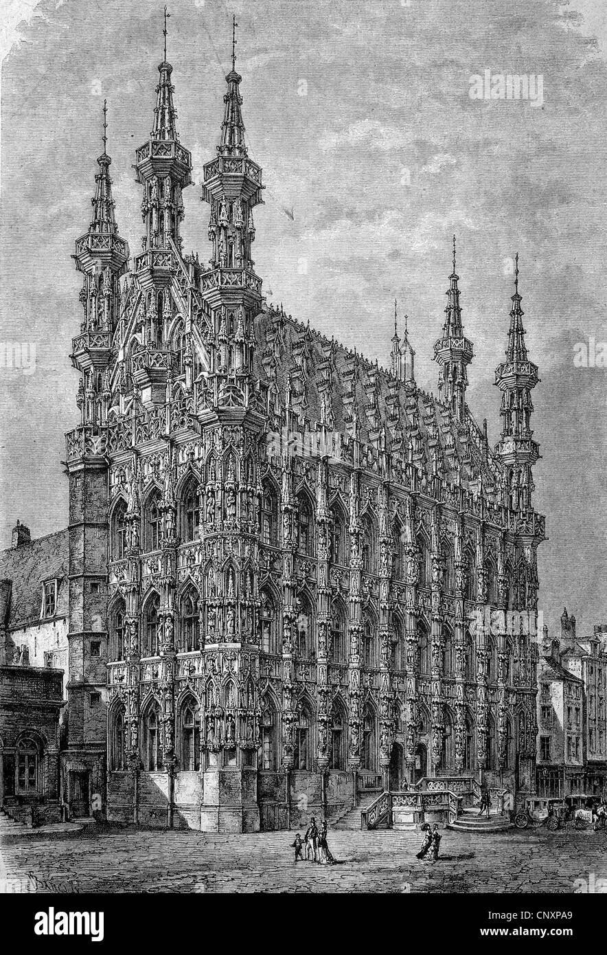 Hôtel de ville de Louvain, Belgique, gravure de 1883 historique Banque D'Images